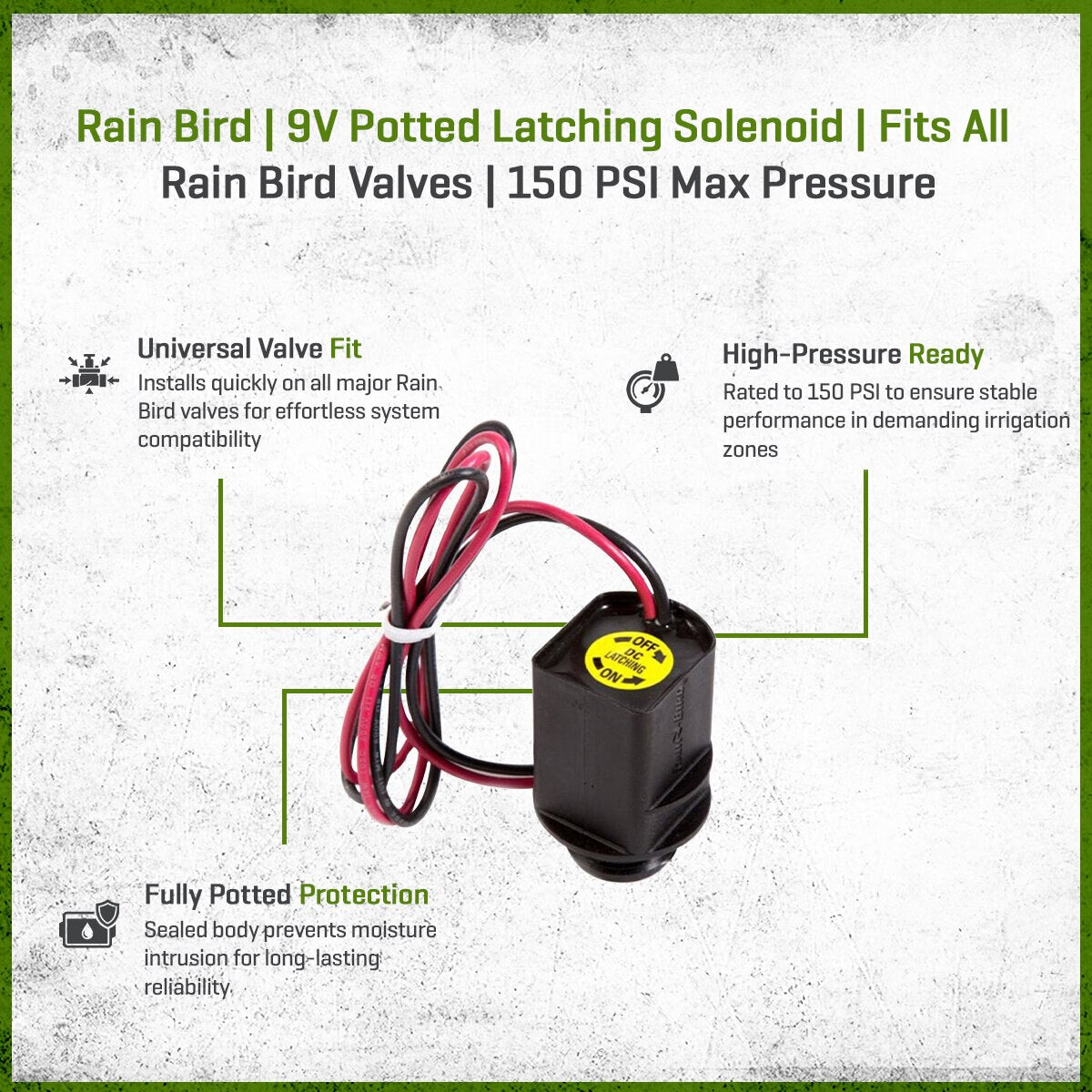 Rain Bird 9V Potted Latching Solenoid with features listed on a white background